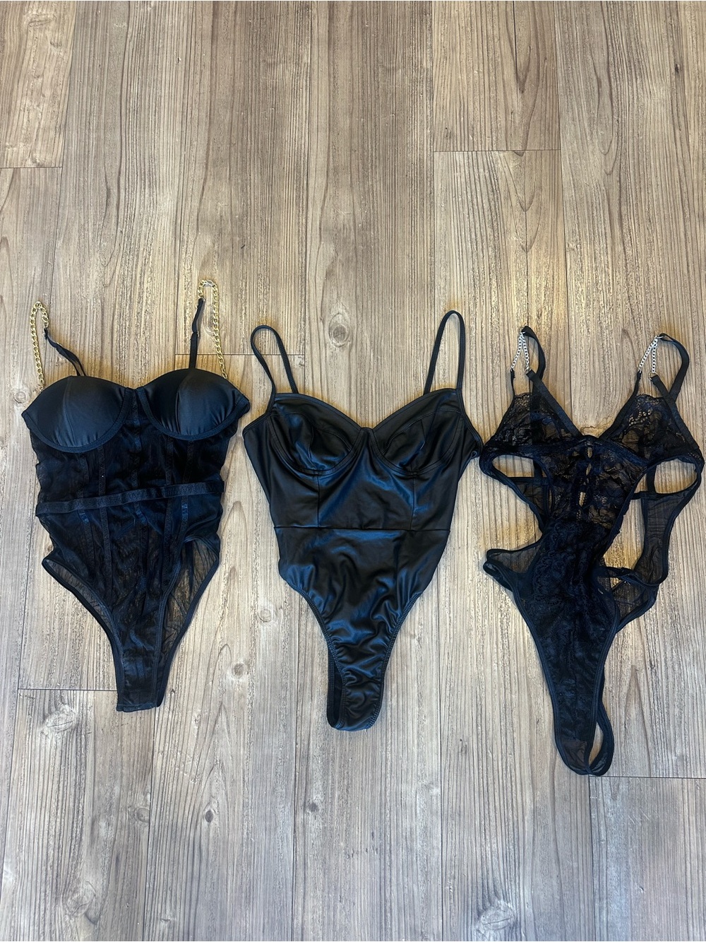 Black Bodysuit Trio - Satin, Lace, Pleather + Chains